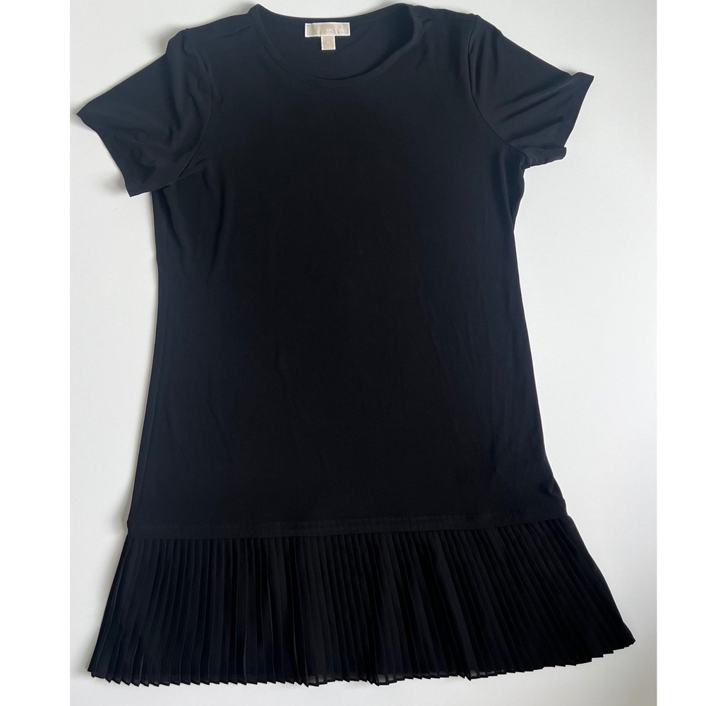 Michael Kors Womens XL Black Short Sleeve Pleated Hem Shift Dress Drop Waist